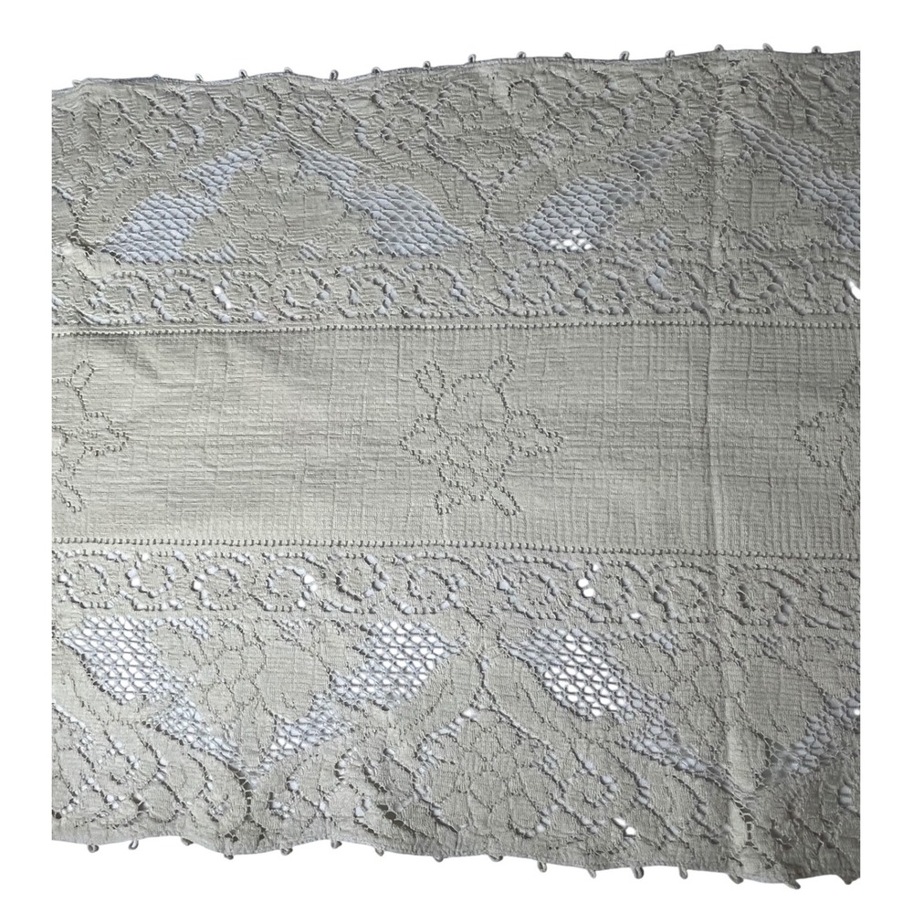Vintage Hand-Crocheted Filet Cotton Table Runner Embossed Floral Lace